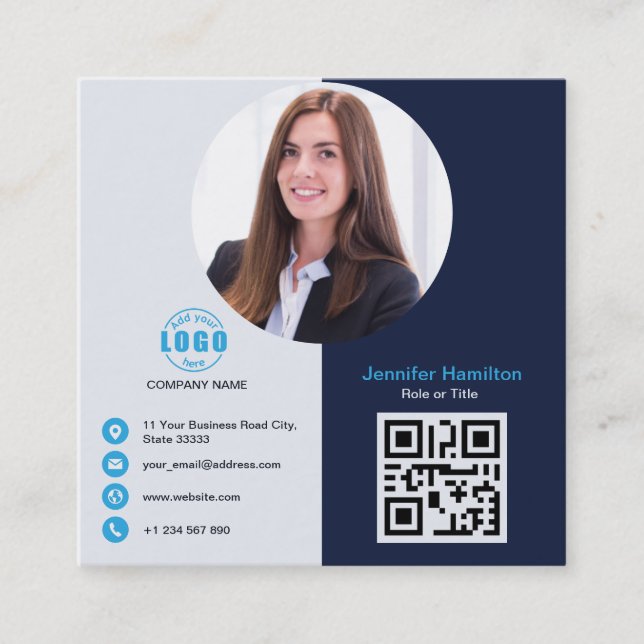 Carte De Visite Carré Professional Grey Blue ajoutez votre photo QR Code (Devant)