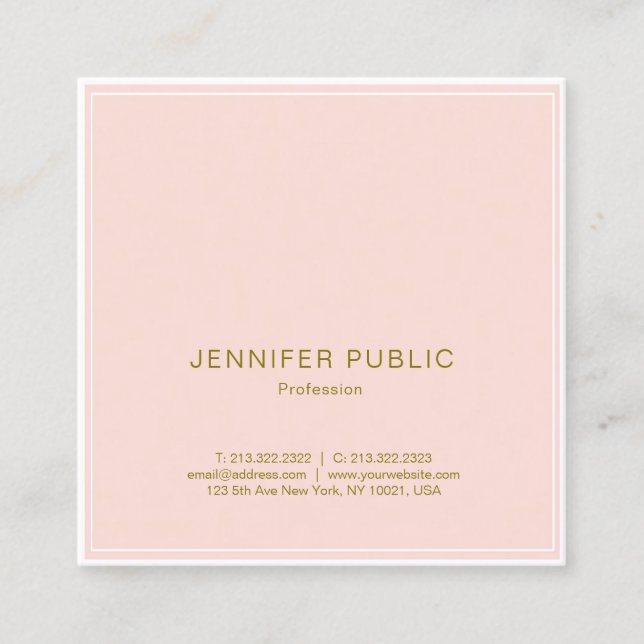Carte De Visite Carré Professionnel Blush Pink Or Elégant Luxe Plaine (Devant)