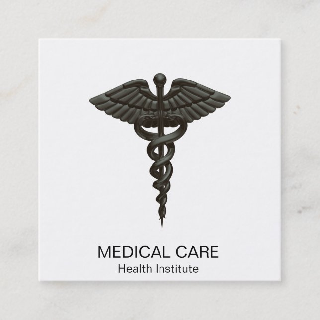 Carte De Visite Carré Professionnel Simple Médicale Caduceus Noir Blanc (Devant)