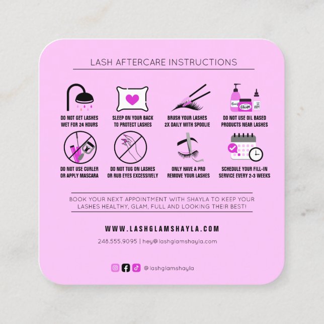 Carte De Visite Carré Prolongations Lash après soins Fuchsia rose (Dos)