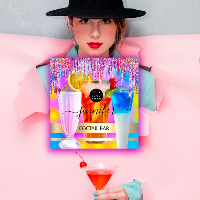 Carte De Visite Carré Pub Drink Bar Restaurant Logo Holographic Event (Pub Drink Bar Restaurant Logo Holographic Event Square Business Card)