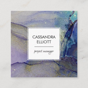 Carte De Visite Carré Purple Blue Turquoise & Gold Abstrait Liquide Art