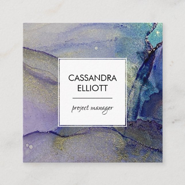 Carte De Visite Carré Purple Blue Turquoise & Gold Abstrait Liquide Art (Devant)