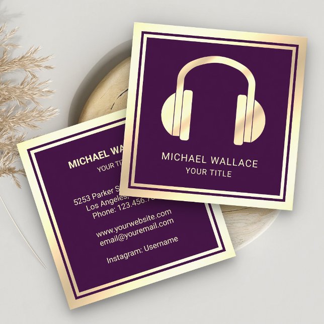 Carte De Visite Carré Purple Faux Gold Foil Headphones Music DJ (Créateur téléchargé)