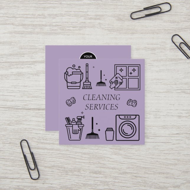 Carte De Visite Carré Purple Lilac Logo Services de nettoyage commercial (Devant/Arrière en situation)