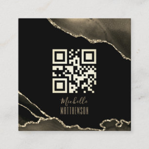 Carte De Visite Carré QR Code Elegant Black Gold Agate Médias sociaux