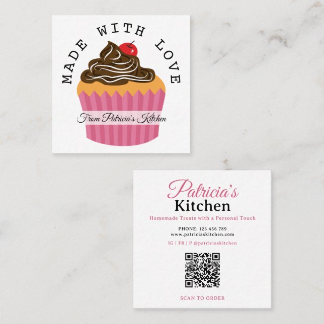 Carte De Visite Carré QR Code Fabriqué Avec Amour Cupcake Boulangerie &  (Devant / Derrière)