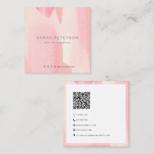 Carte De Visite Carré QR code moderne tendance couleur d'aquarelle blush