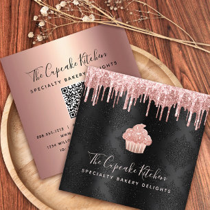 Carte De Visite Carré QR Code Pink Cupcake Glitter Drips Bakery Black