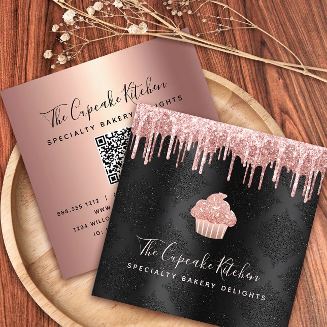 Carte De Visite Carré QR Code Pink Cupcake Glitter Drips Bakery Black (Créateur téléchargé)
