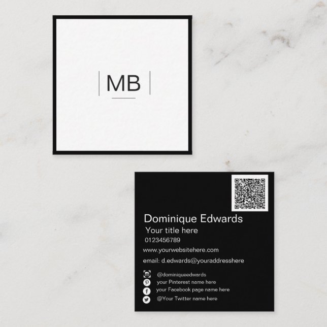 Carte De Visite Carré QR Code Professionnel Blanc Noir Médias Sociaux (Devant / Derrière)