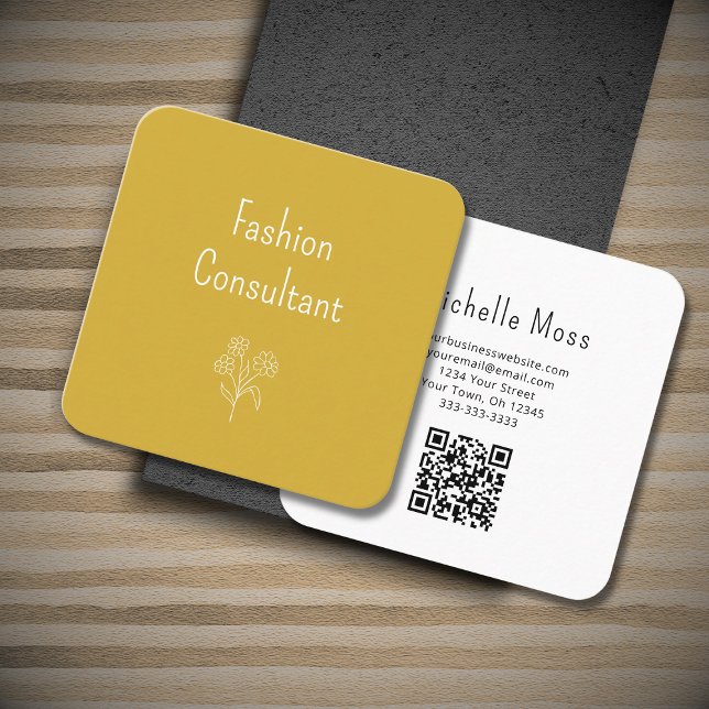 Carte De Visite Carré QR code Simple Flower Gold Boho (Créateur téléchargé)