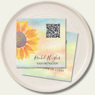 Carte De Visite Carré QR Code Yoga Instructeur Tournesol Aquarelle