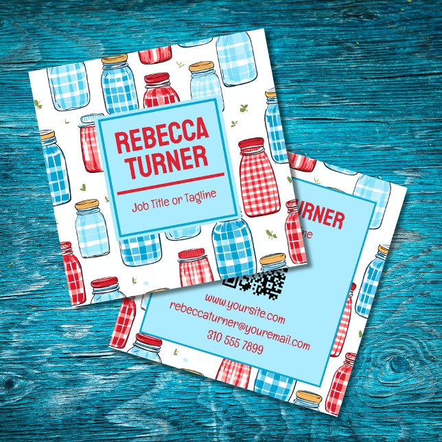 Carte De Visite Carré Red and Blue Mason Jar Pattern, QR Code (Créateur téléchargé)