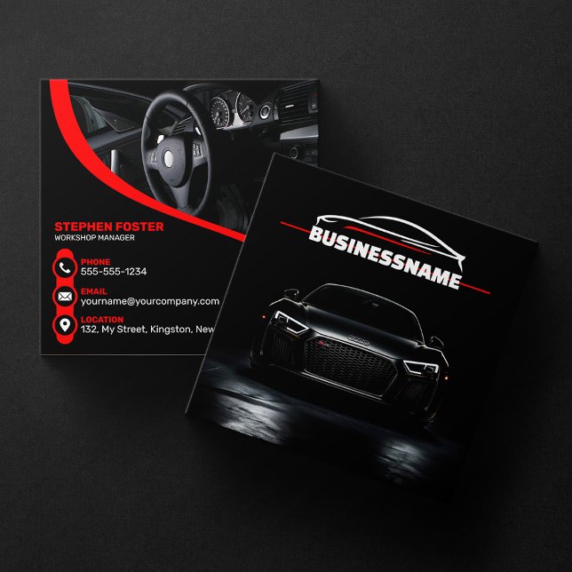 Carte De Visite Carré Red & Black Professional Automotive Détail de la v (Créateur téléchargé)