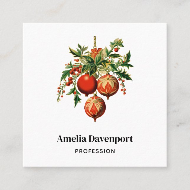 Carte De Visite Carré Red Christmas Baubles avec Holly Festive (Devant)