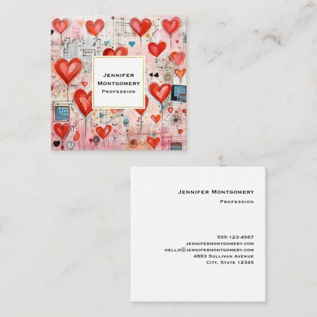 Carte De Visite Carré Red Hearts Whimsical Love Motif (Devant / Derrière)
