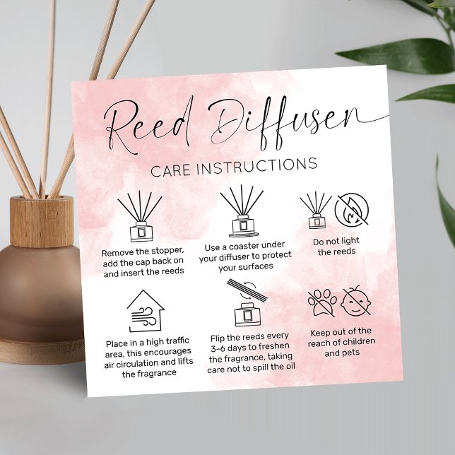 Carte De Visite Carré Reed Diffuser Care Guide Elégante Aquarelle rose (Elegant reed diffuser customer care cards with pink watercolor background and care icons)