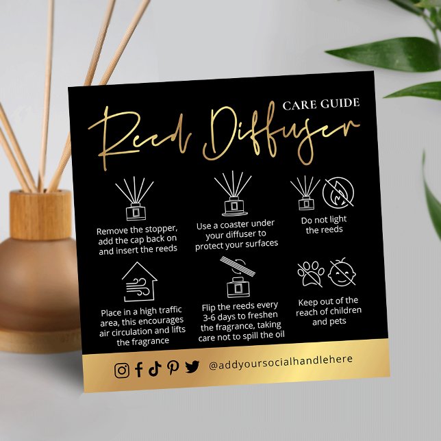 Carte De Visite Carré Reed Diffuser Care Instructions Logo Black & Gold (Luxurious black and gold reed diffuser care cards with space for your logo)
