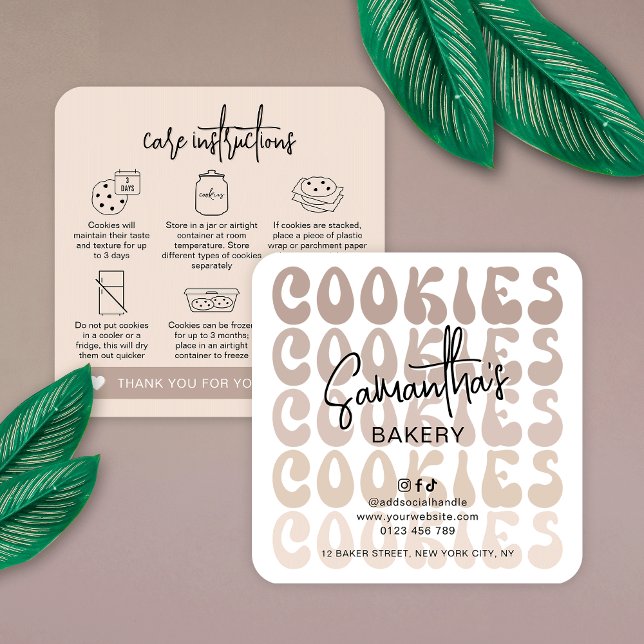 Carte De Visite Carré Retro Beige tendance Sucre Cookies Instructions de (Modern cookie care cards in neutral beige hues with retro fonts and care icons)