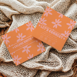 Carte De Visite Carré Retro Bold Pink Orange Groovy Floral Girly Funky