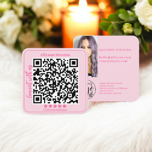 Carte De Visite Carré Retro Hot rose Social Media QR Code Photo Logo