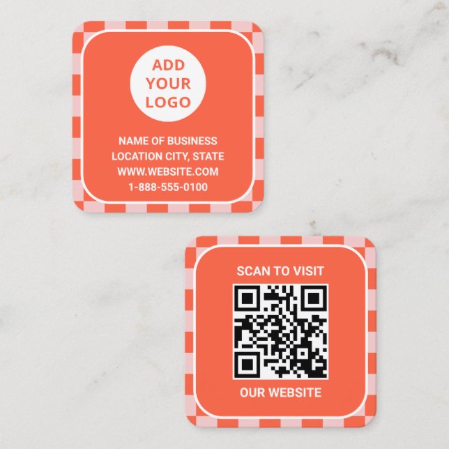 Carte De Visite Carré Retro Orange Custom Logo et QR Code (Devant / Derrière)