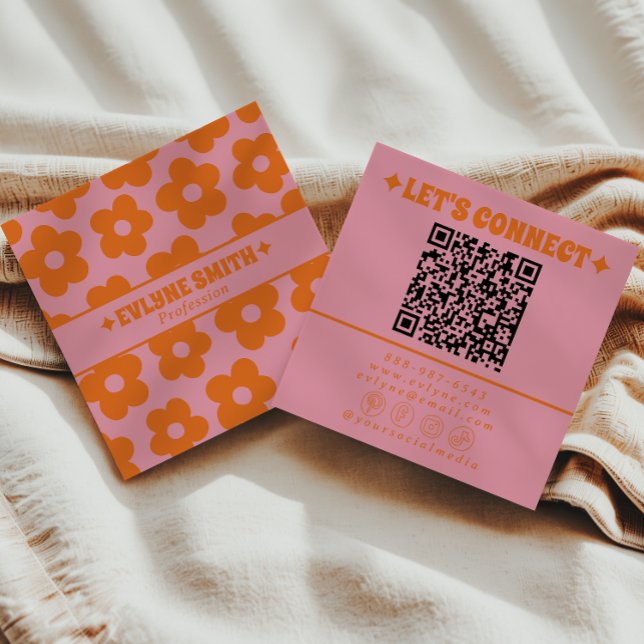 Carte De Visite Carré Retro Orange Pink QR Code Groovy Floral Trendy Fun (Créateur téléchargé)