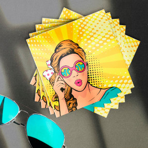Carte De Visite Carré Retro Pop Art Blonde Lady Wow ID556