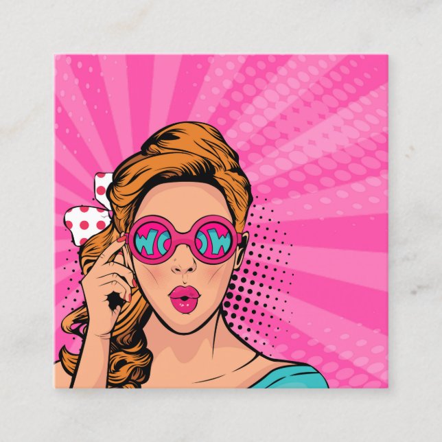 Carte De Visite Carré Retro Pop Art Blonde Lady Wow Pink ID556 (Devant)