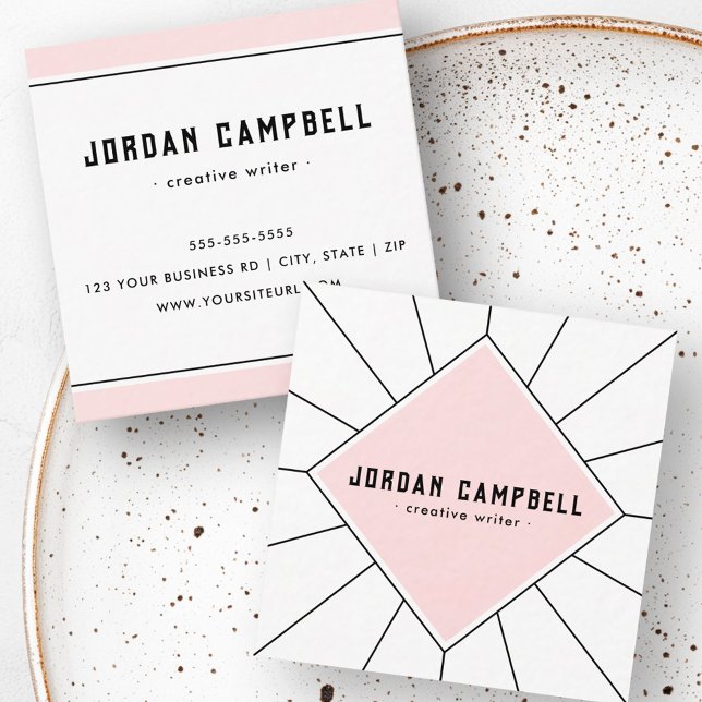 Carte De Visite Carré Rétro radial géométrique rose blanc minimal (Retro radial geometric pink white minimal square business card)