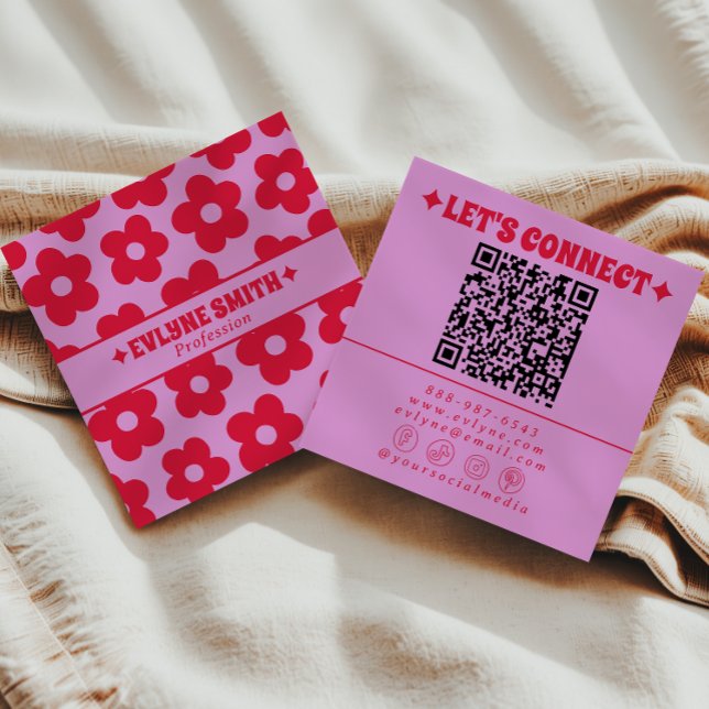 Carte De Visite Carré Retro Red Pink QR Code Groovy Floral Girly Trendy  (Créateur téléchargé)