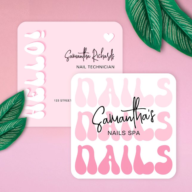 Carte De Visite Carré Rétro rose moderne ongle Artiste Salon Manucure (Trendy and chic nails spa business cards in girly pink with retro fonts)