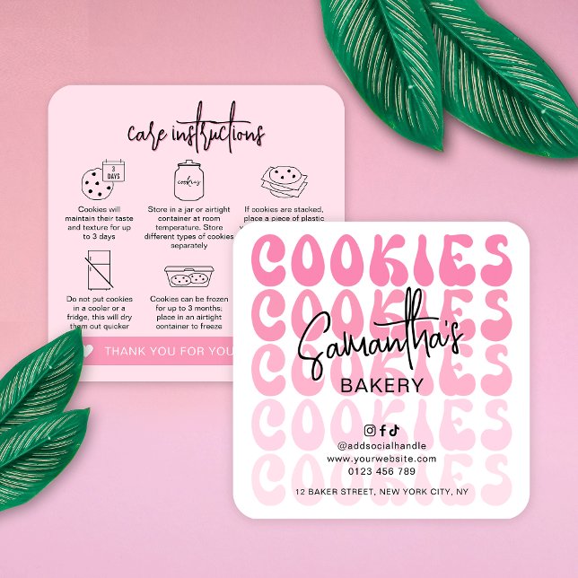 Carte De Visite Carré Retro Rose tendance sucre cookies Instructions de  (Retro pink cookies care cards featuring trendy fonts, pink aesthetic and cookie care icons)