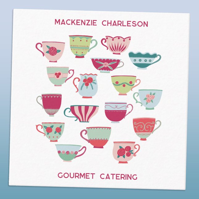 Carte De Visite Carré Retro Tea Cup Restauration Boulangerie Café (Retro tea cups custom catering bakery cafe cook chef restaurant square business card)