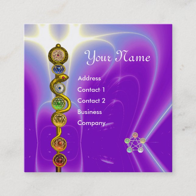 CARTE DE VISITE CARRÉ RODE D'ASCLEPIUS, 7 CHAKRAS, YOGA, ÉNERGIE SPIRITU (Devant)
