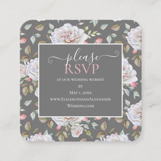 Carte De Visite Carré Rose blanche classique |Site Mariage gris RSVP (Devant)