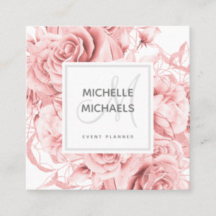 Carte De Visite Carré Rose Floral Or Simple Script Monogramme