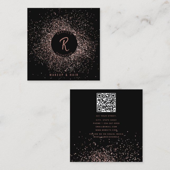 Carte De Visite Carré Rose Gold Black Parties scintillant maquillage che (Devant / Derrière)