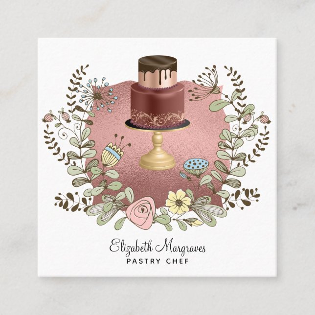 Carte De Visite Carré Rose Gold Cake Bakery Baker Pâtisserie Chef Carré  (Devant)