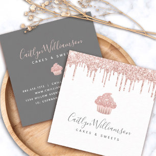 Carte De Visite Carré Rose Gold Cupcake Parties scintillant Drives Baker