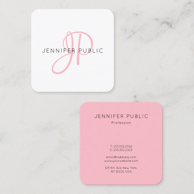 Carte De Visite Carré Rose Gold Elegant Monogramme Moderne Design Modèle (Devant / Derrière)