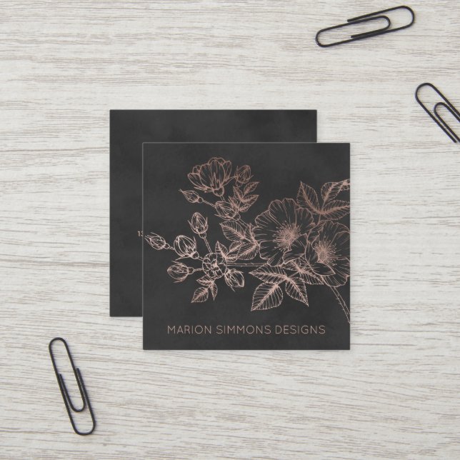 Carte De Visite Carré Rose Gold Foil Floral Carré Business (Devant/Arrière en situation)