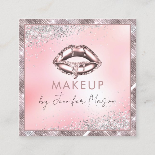 Carte De Visite Carré Rose Gold Lips Glitter Makeup Artist Unique Beauty (Devant)