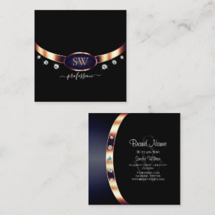 Carte De Visite Carré Rose Gold Noir Décoré de Diamants à Monogramme Ble