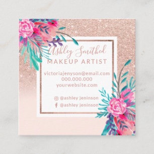 Carte De Visite Carré Rose Gold parties scintillant d'aquarelle florale 