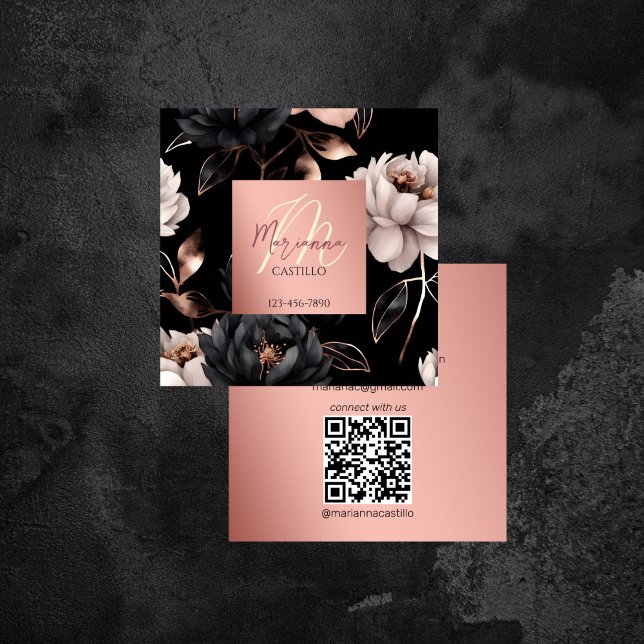 Carte De Visite Carré Rose noir or chic fleurs modèle qr (Black rose gold chic flowers template qr square business card floral modern makeup artist stylist)