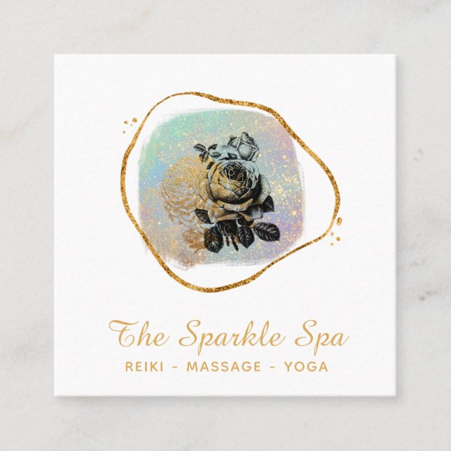 Carte De Visite Carré *~* Rose Opal Gold Parties scintillant Cadre Flora (Devant)