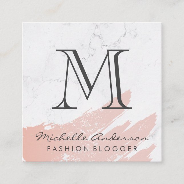 Carte De Visite Carré Rose or rose brossé | Marbre | Monogramme classiqu (Devant)