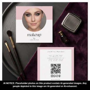 Carte De Visite Carré Rose Pâle Blanc Photo MUA Code QR Réseaux Sociaux